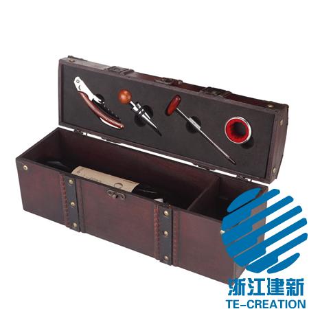 TC-BP03  antiqued wood wine box with 4-pcs wine accessories
