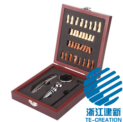 TC-B715A  Wood (MDF)box  with 4-pcs Wine Accessories and chess set