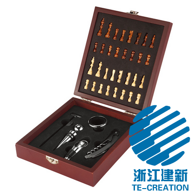 TC-B007    Wood (MDF)box  with 5-pcs Wine Accessories and chess set