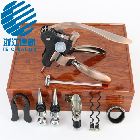 TC-B122G  Deluxe Corkscrew set , Wood (MDF) box with 9-pcs wine accessories （Gloss paint）