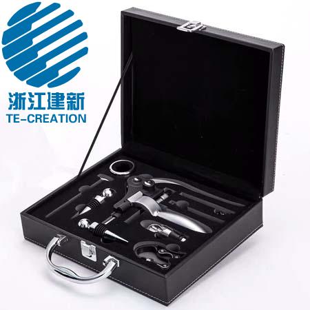 TC-B122L  Deluxe Corkscrew set , Leather (PU) box with 9-pcs wine accessories