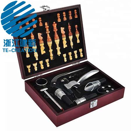 TC-B131  Deluxe Corkscrew set ,  Wood (MDF) box with 8-pcs wine accessories and Chess set