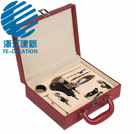 TC-B129  Deluxe Corkscrew set , Leather (PU) box with 8-pcs wine accessories