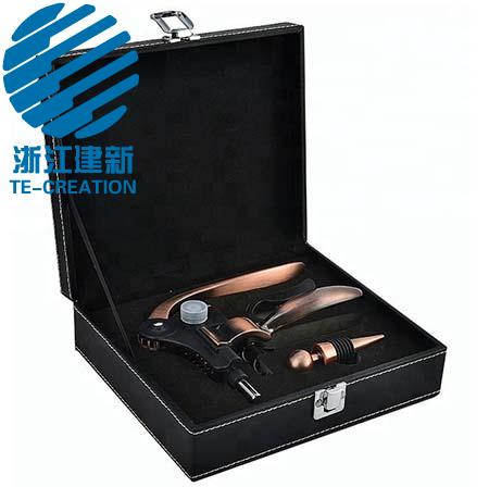TC-B128  Deluxe Corkscrew set , Leather (PU) box with 3-pcs wine accessories